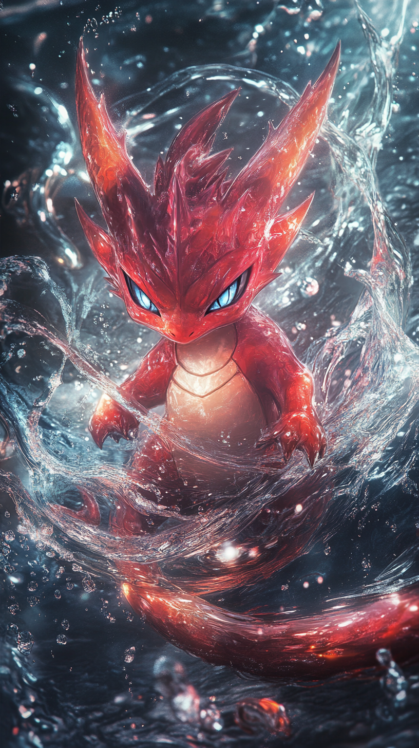 Chibi red Gyarados in glowing water with mystical aura.