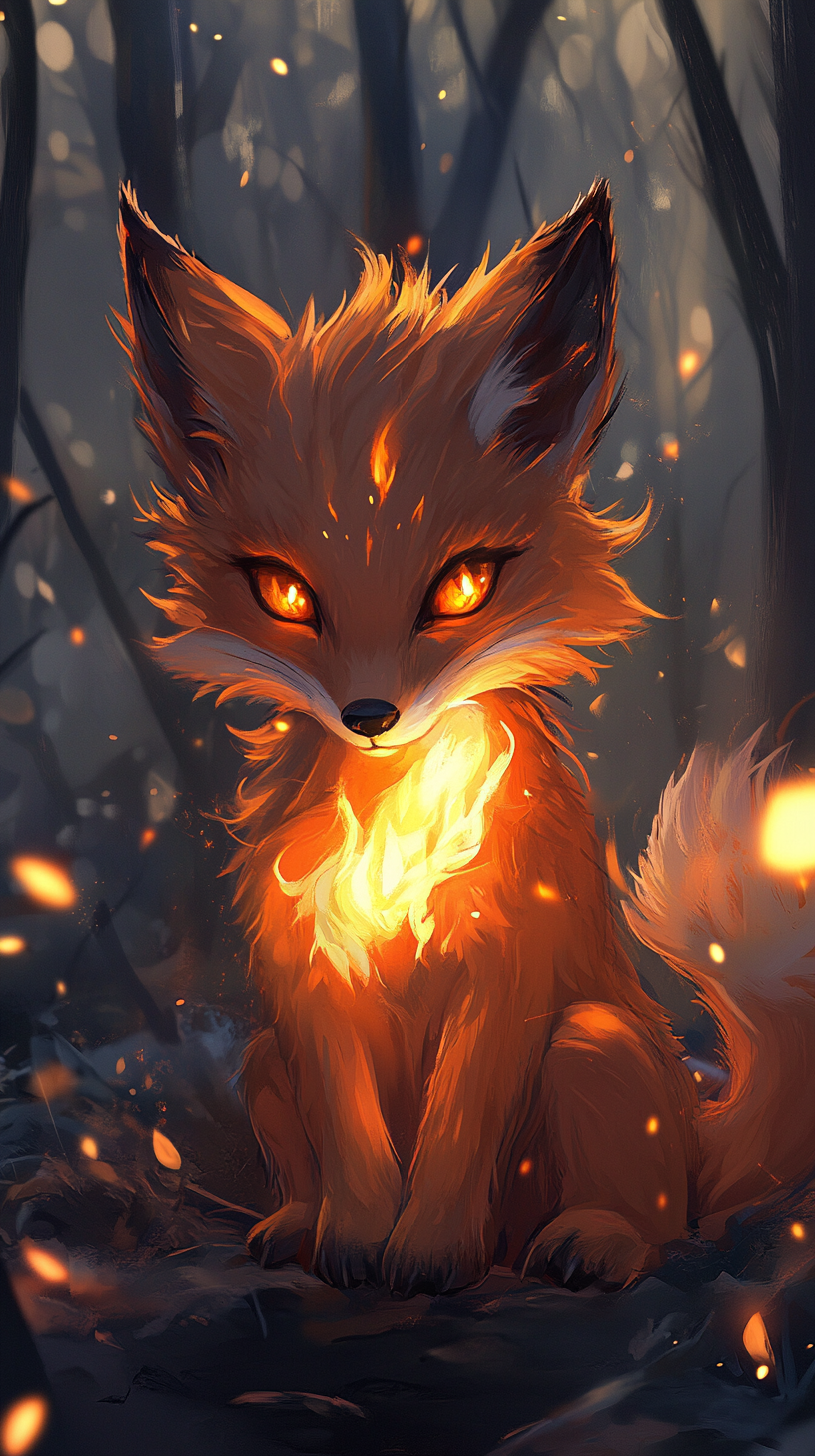 Chibi red fox with fiery powers, eyes like flames.