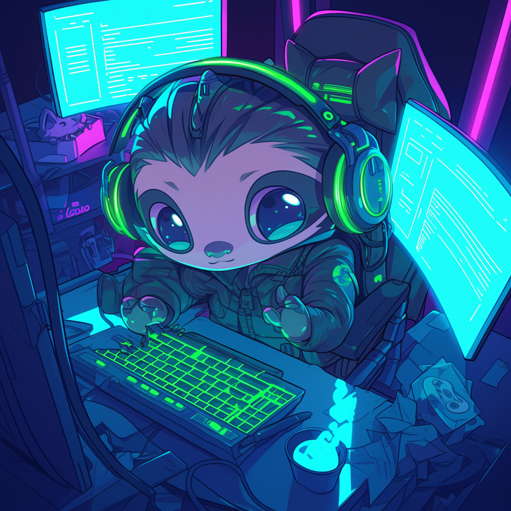 Chibi sloth hacker in headphones at computer, glowing screens.