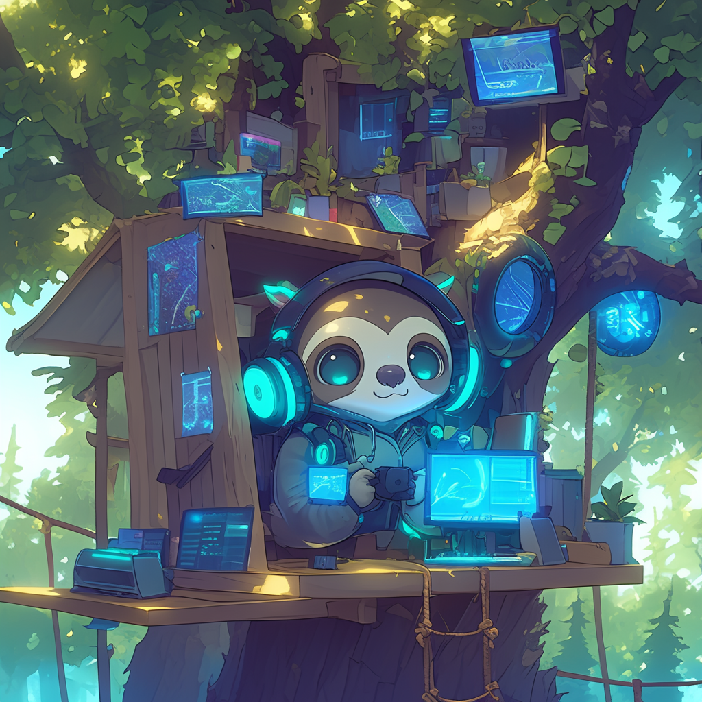 Chibi sloth hacker in tech treehouse with neon lights.