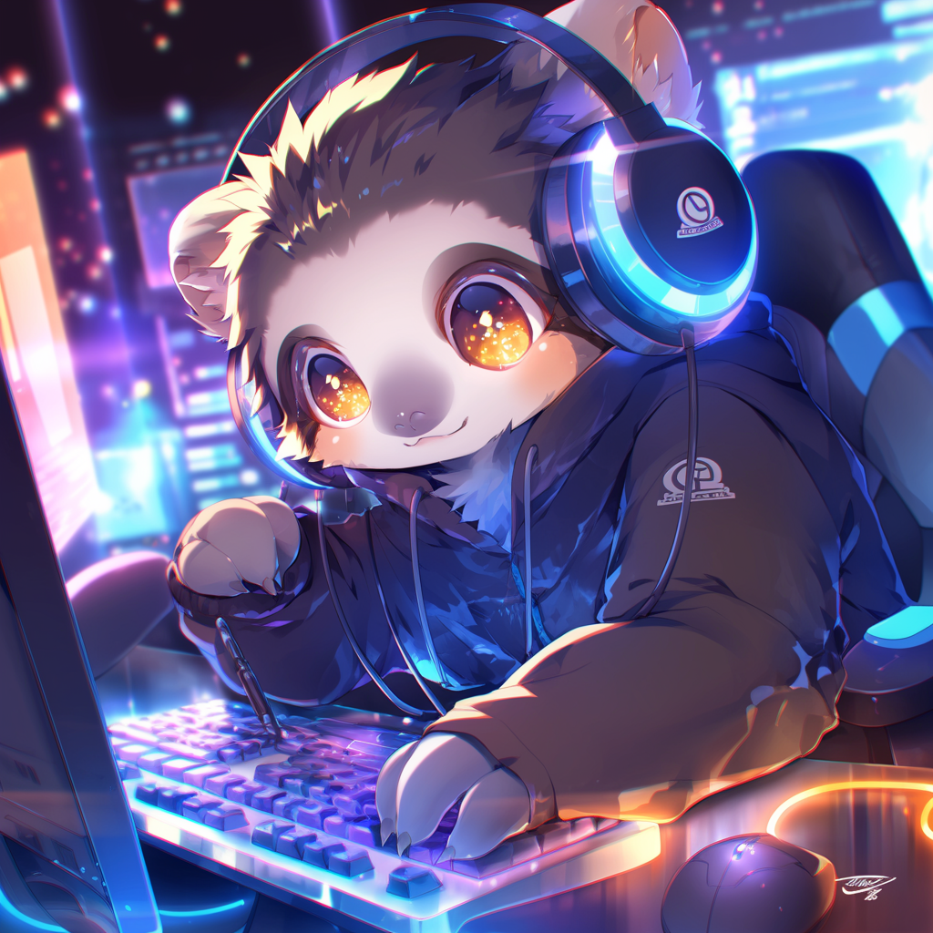 Chibi sloth hacker with oversized headphones at glowing computer.