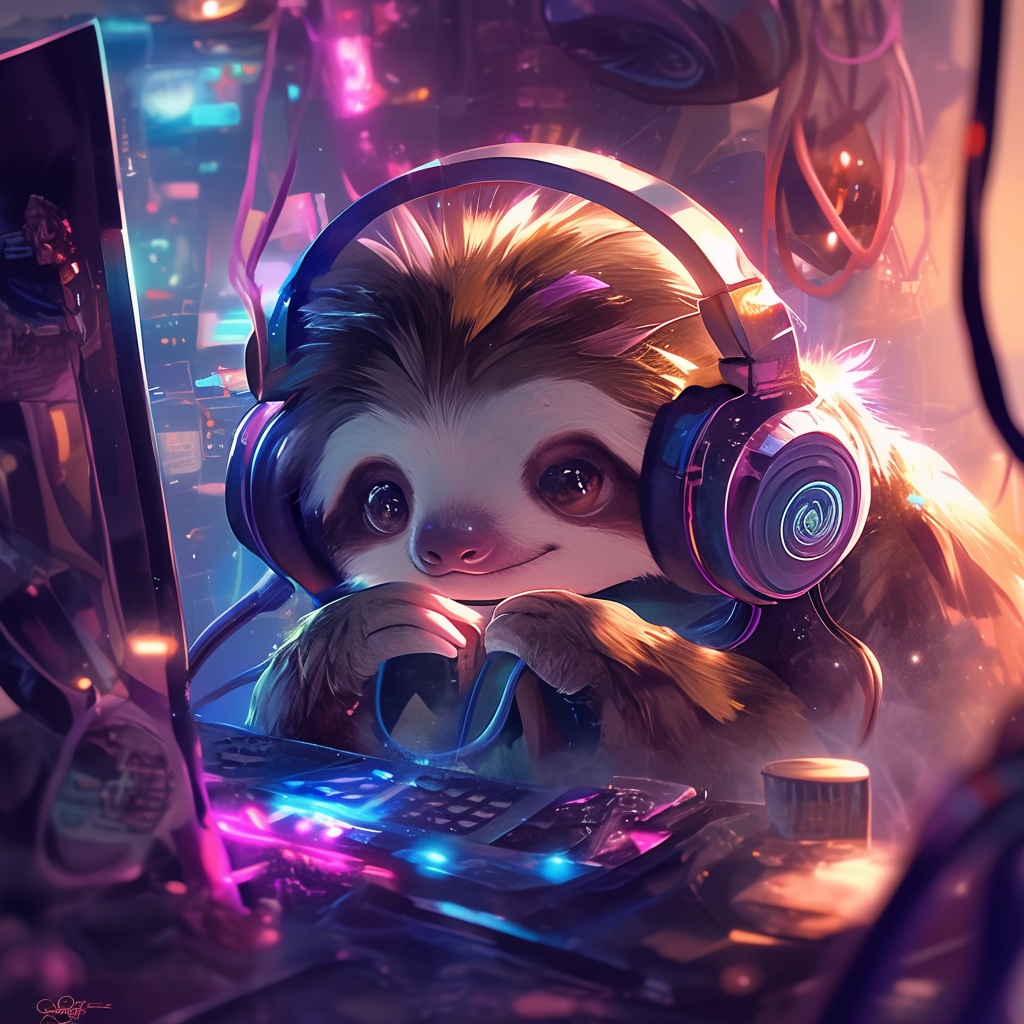 Chibi sloth with headphones, hacker aesthetic, glowing screens.