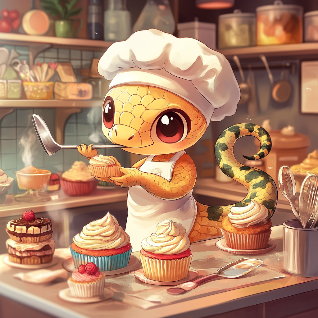 Chibi snake, chef outfit, baking in cute kitchen.