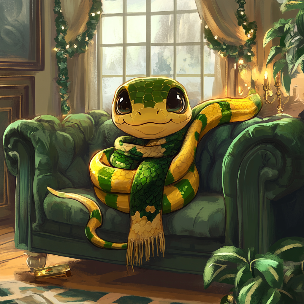 Chibi snake at Slytherin common room wearing Hogwarts scarf.