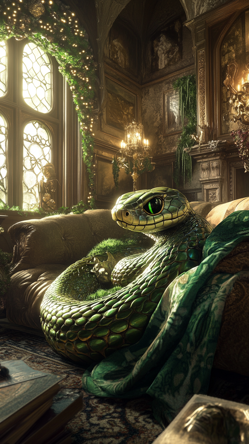 Chibi snake in Slytherin common room on couch.