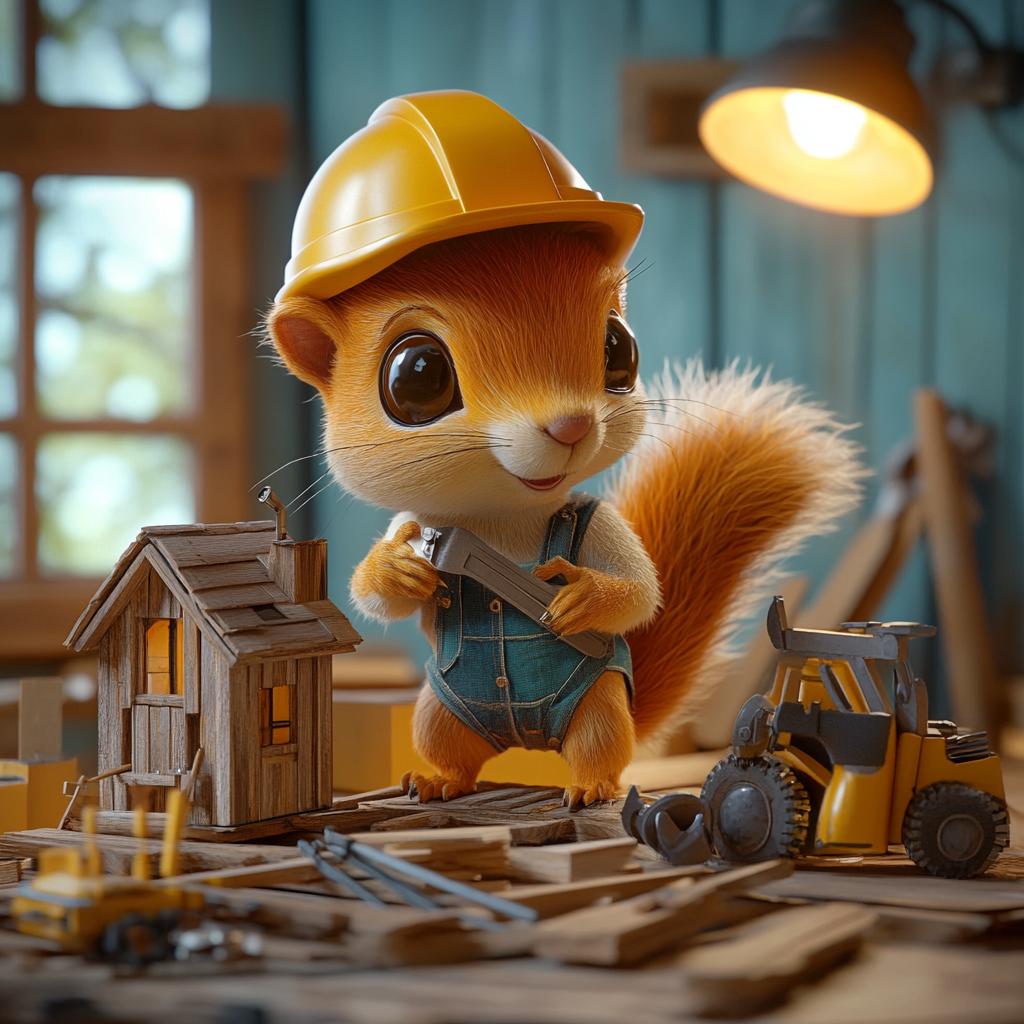 Chibi squirrel engineer building wooden cabin with tools.