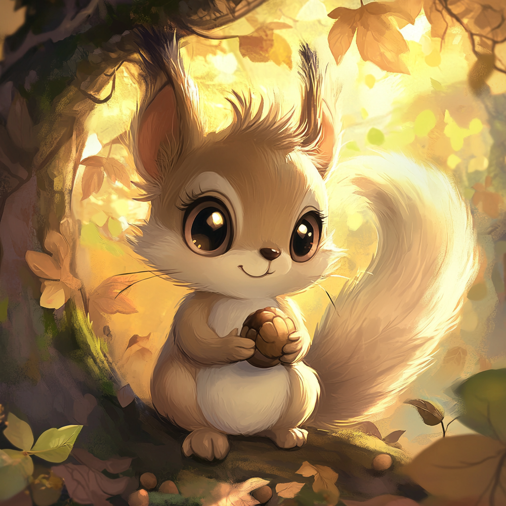 Chibi squirrel with fluffy fur, big bushy tail