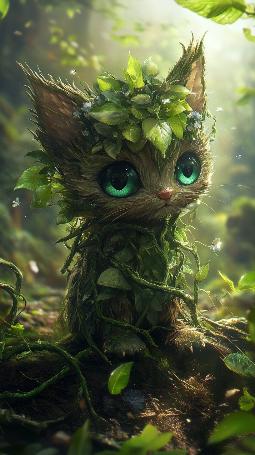 Chibi squirrel with natural powers, leaf-flecked fur, emerald eyes. Roots, vines, petals surround. Forest background, 8K quality.