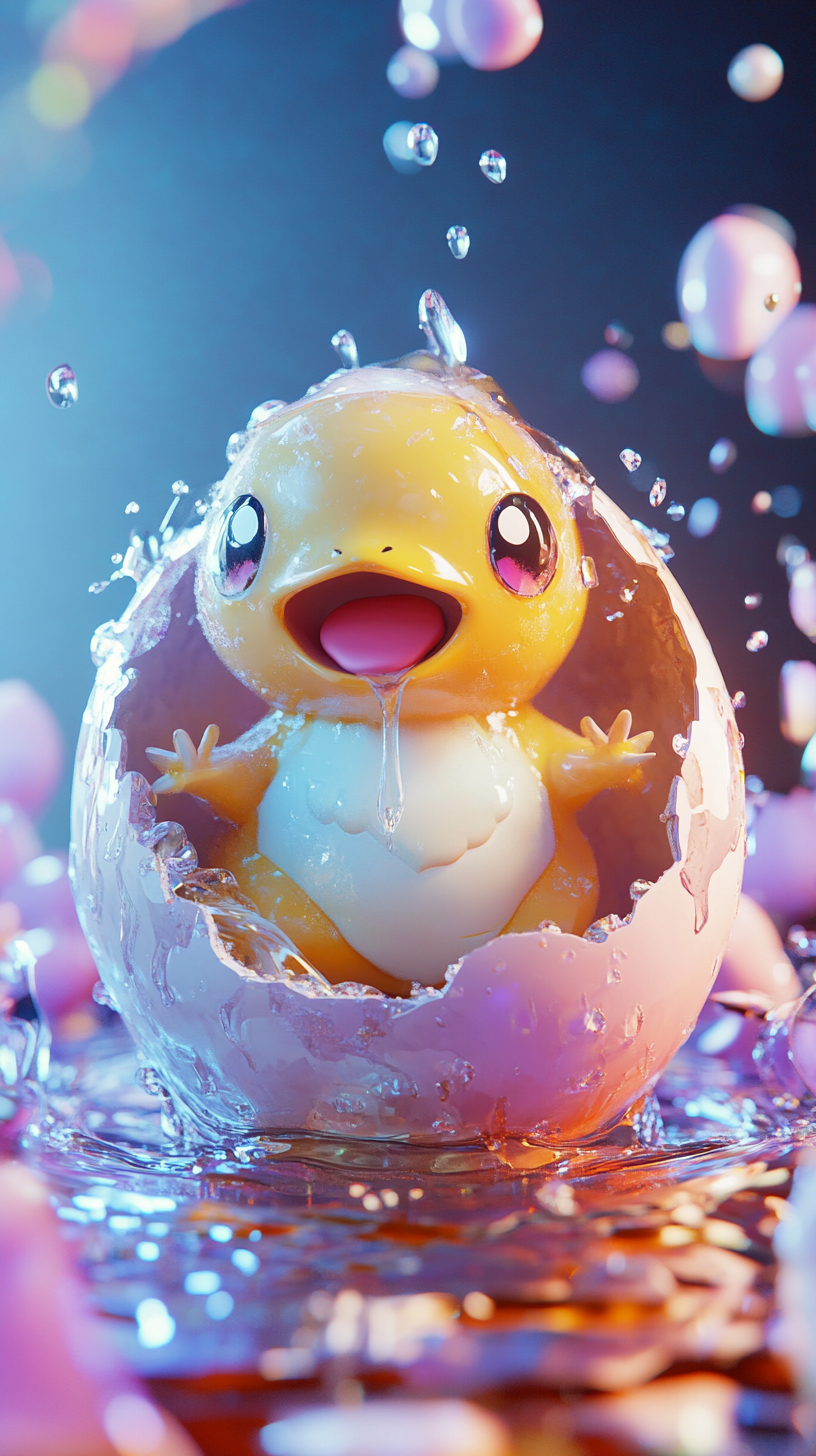 Chibi-style Psyduck emerging from cracked egg in pastel tones.