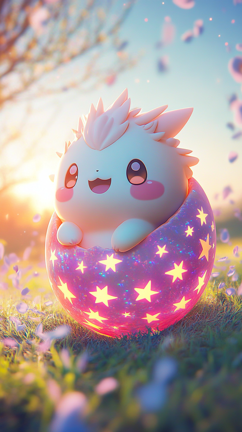 Chibi-style Togepi hatching from decorated, glowing egg in meadow.