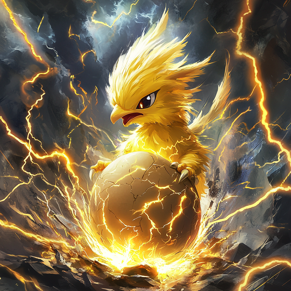 Chibi-style Zapdos emerging from cracked egg surrounded by storm