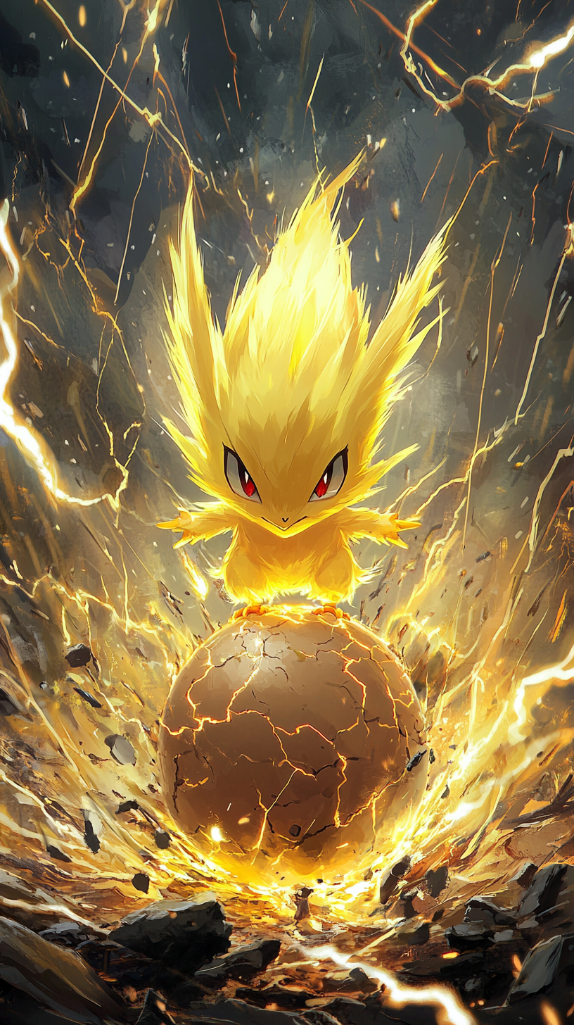 Chibi-style Zapdos hatching from lightning-charged egg in storm.