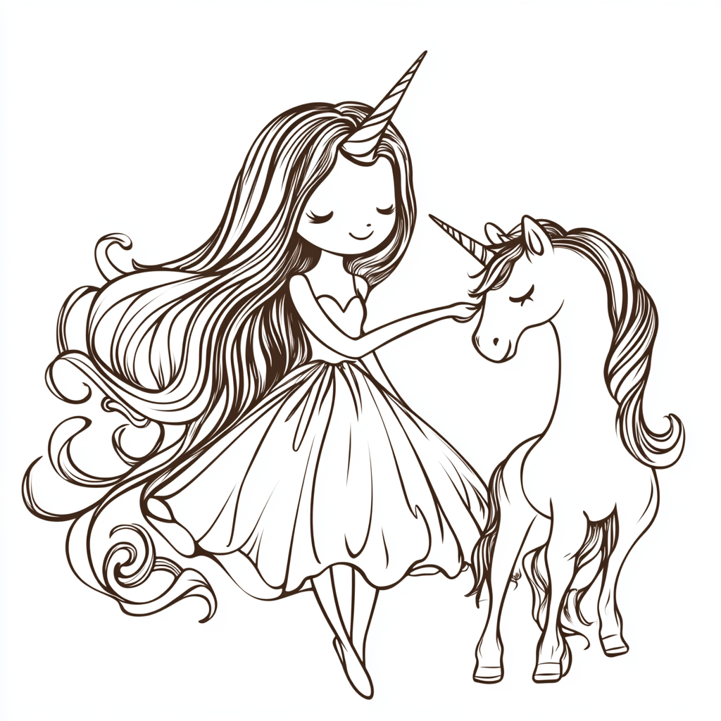 Chibi style drawing of happy woman dancer and unicorn.