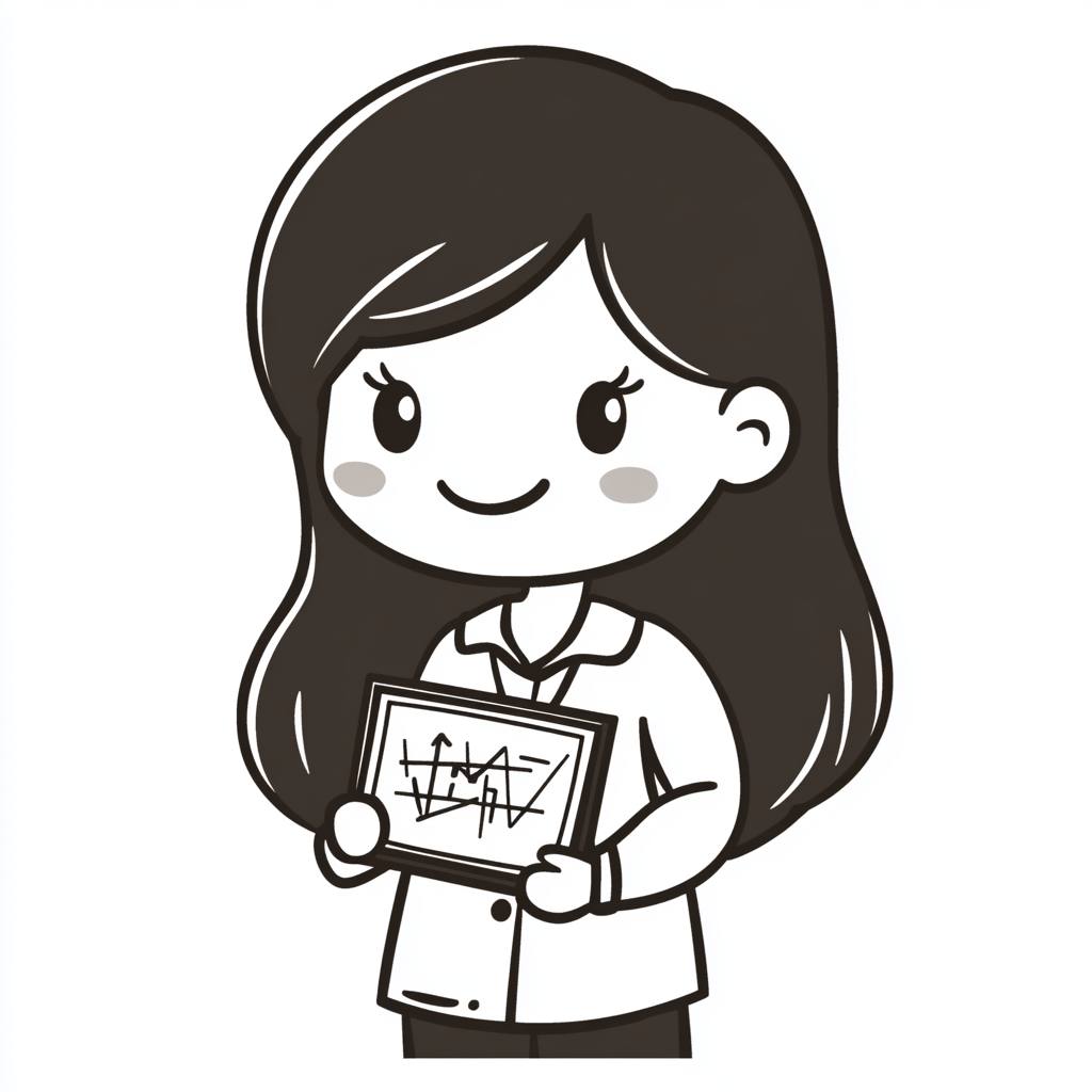 Chibi-style math teacher with shoulder-length hair holding blackboard.