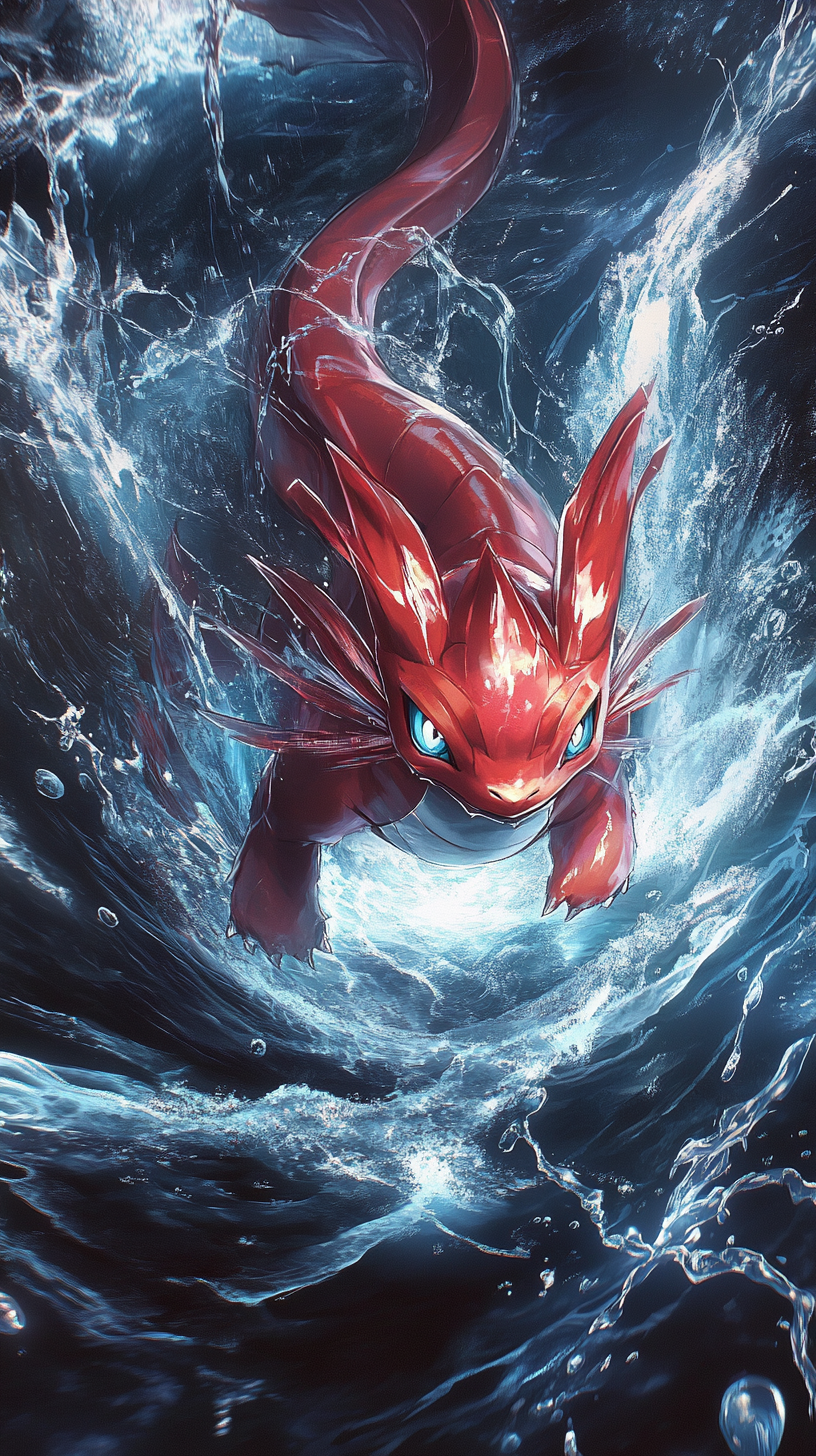 Chibi-style red Gyarados emerging from enchanted water vortex.