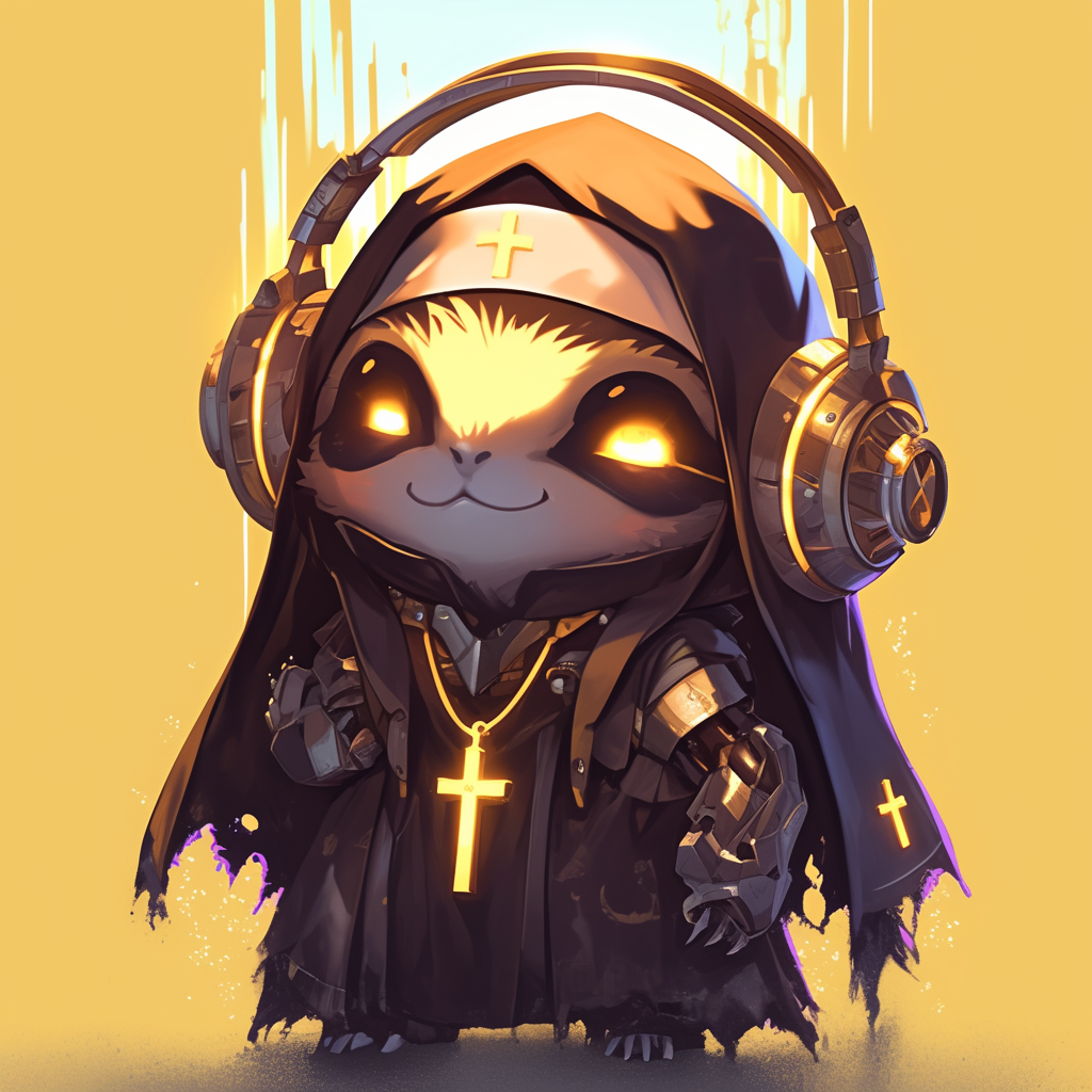 Chibi-style sloth Halloween hacker in spooky church.