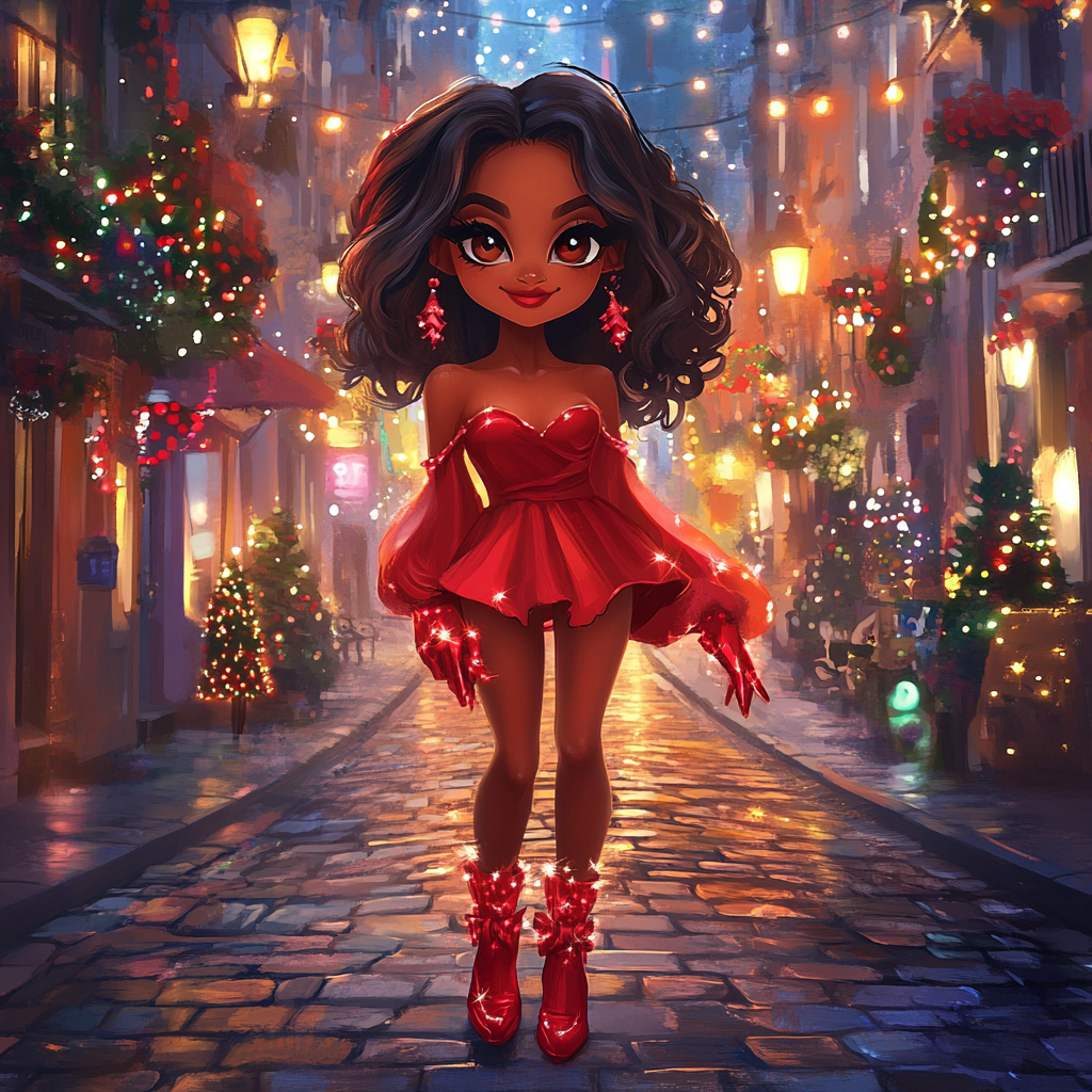 Chibi style woman in red dress at Christmas