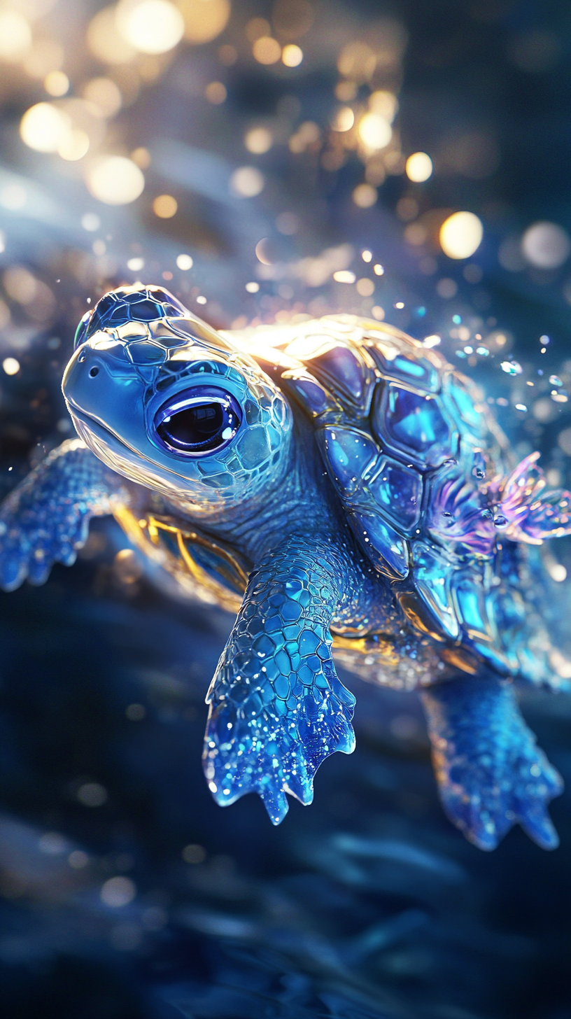 Chibi tortoise with water powers, sparkling shell like a crystal lagoon, surrounded by miniature waves.