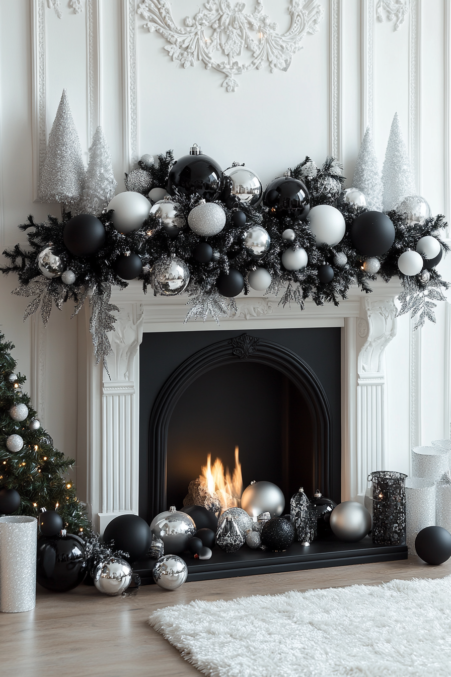 Chic Black and White Holiday Decor Fireplace