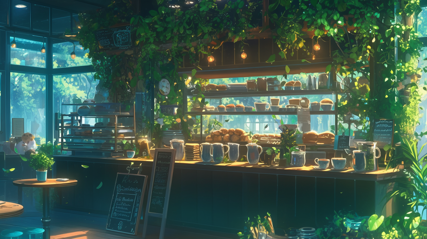 Chic Coffee Shop Interior with Greenery and Pastries