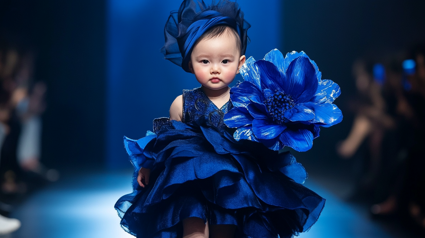 Chic baby struts in blue flower fashion show.