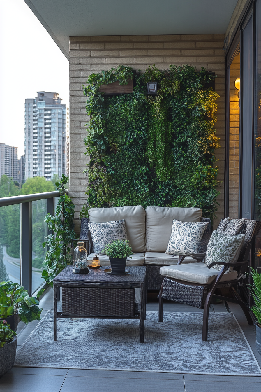 Chic balcony with stylish furniture, vertical garden wall.