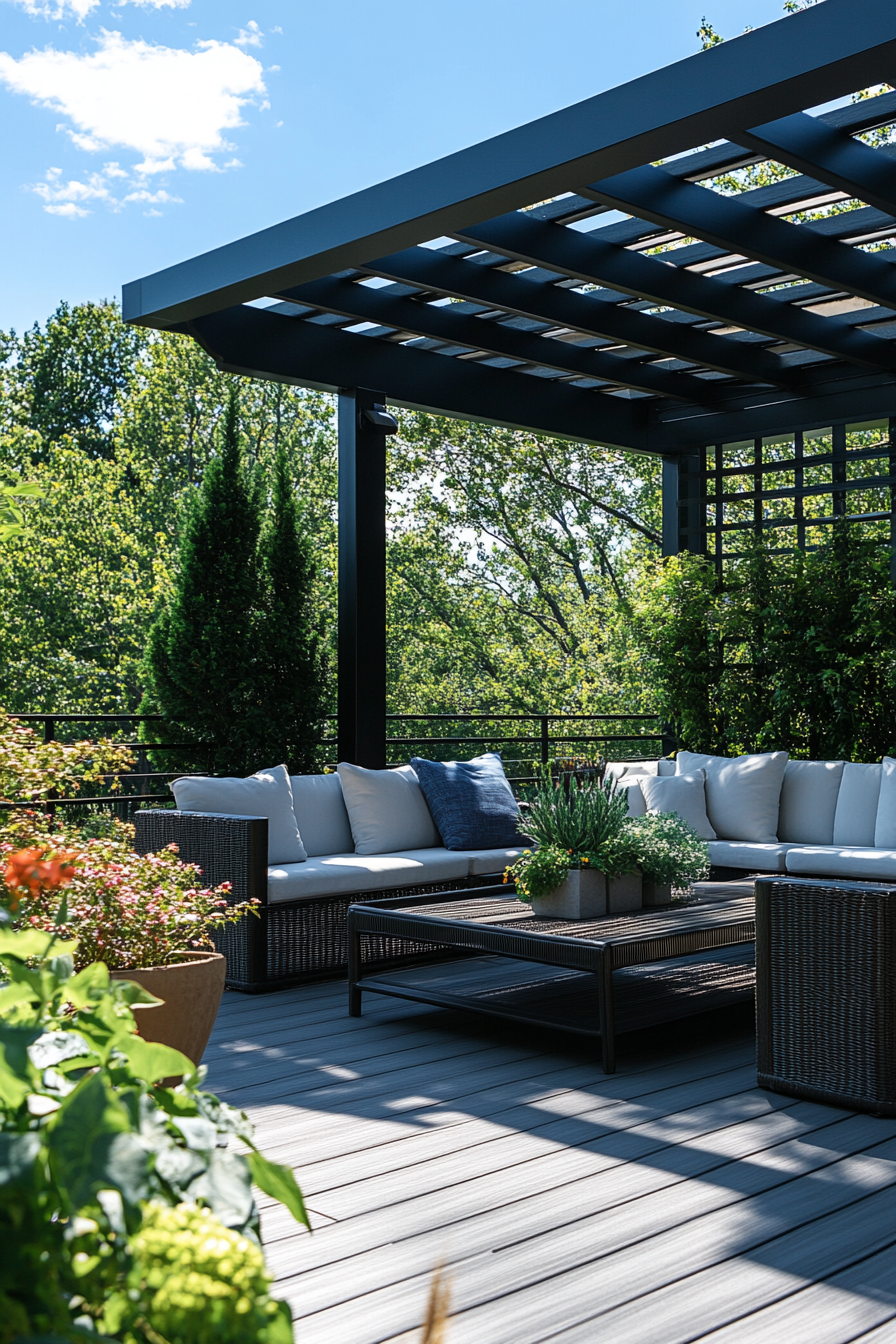 Chic patio with modern furniture and metallic frames