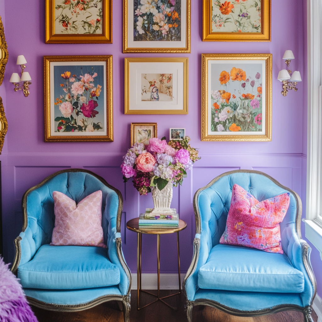 Chic sitting room with lavender walls, floral art, chairs.