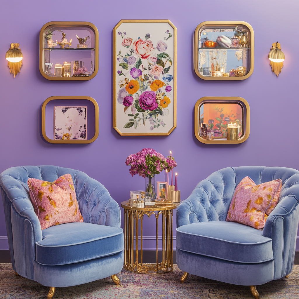 Chic sitting room with lavender walls and artwork.