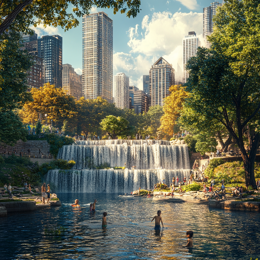 Chicago 2024: Realistic City View with 3D Waterfall