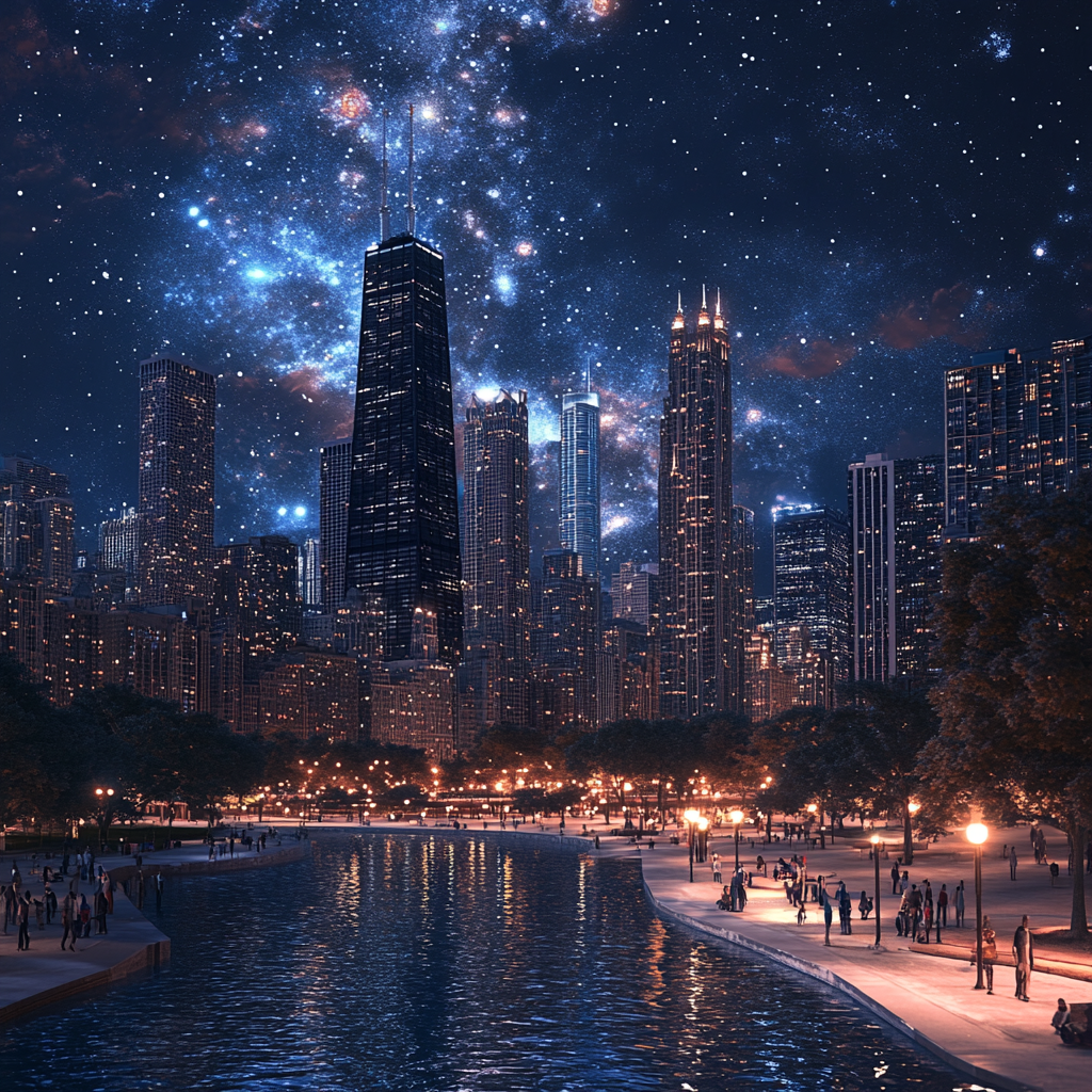 Chicago City View 2024: Realistic 3D Render with People and Stars