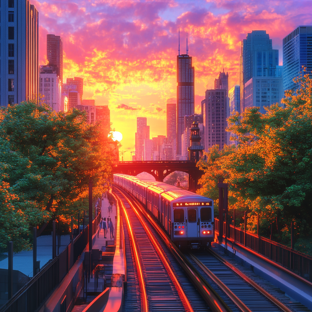 Chicago in 2024: Realistic City View with Sunset Train Station