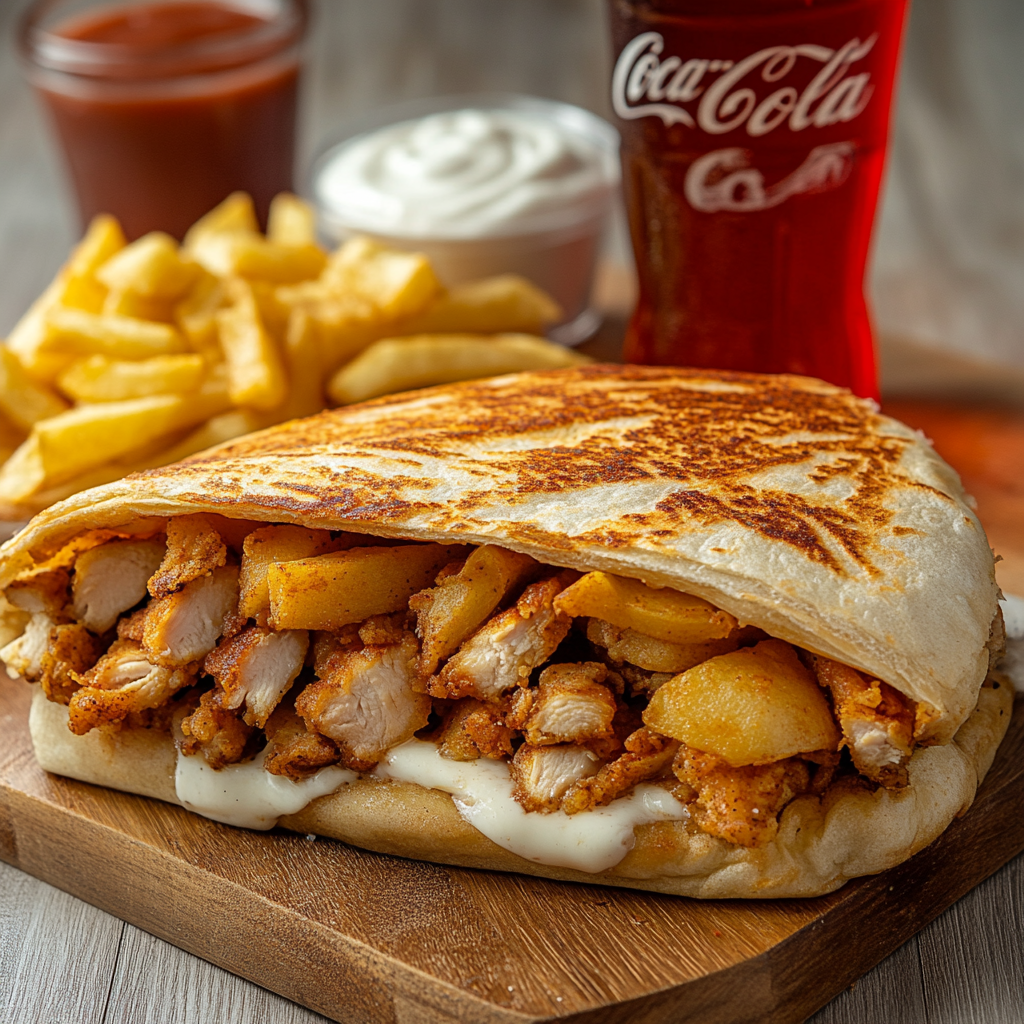 Chicken and potato galette sandwich cut in half, served with ketchup, mayonnaise, fries, and Coca-Cola.