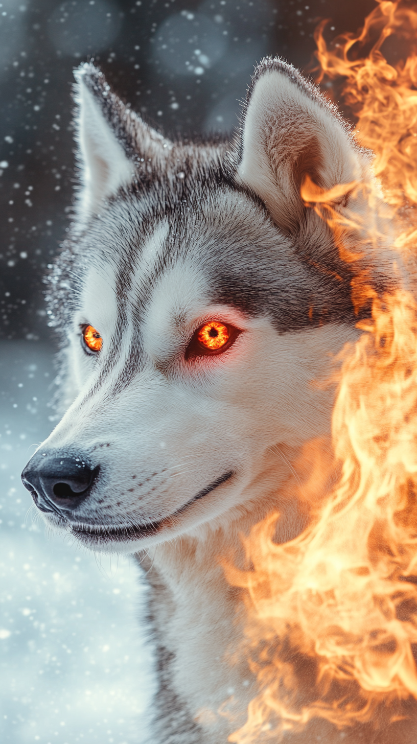 Chien Husky Sibérien avec pouvoirs de feu flamboyants