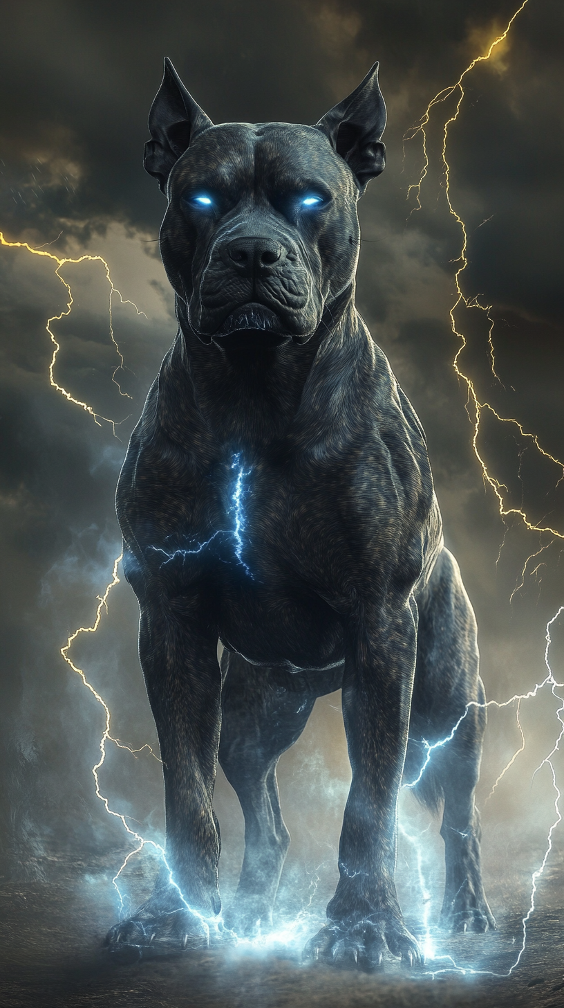 Chien réaliste avec des pouvoirs de foudre, gris métallique.