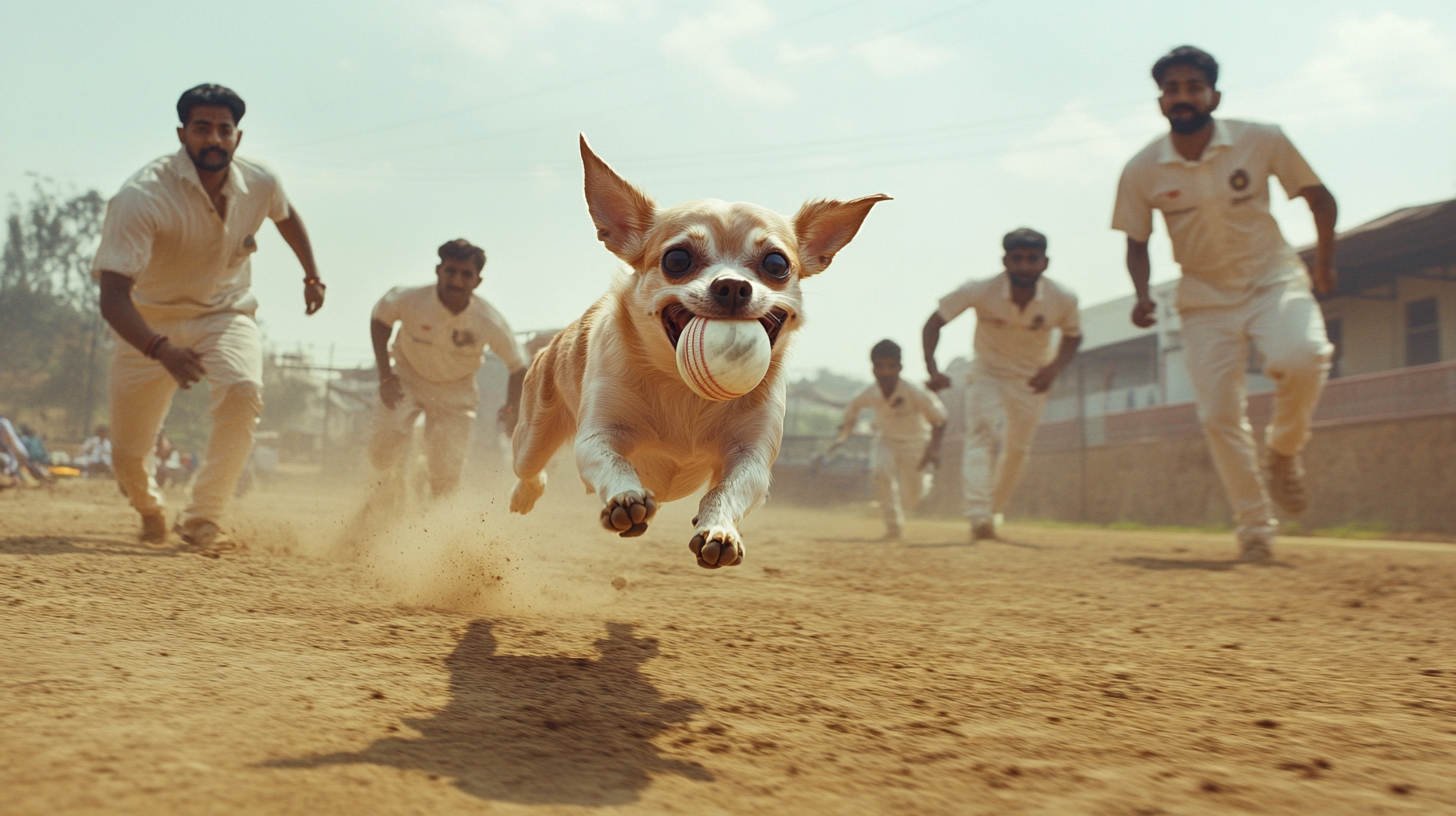 Chihuahua dog running across cricket field with ball, players chasing.