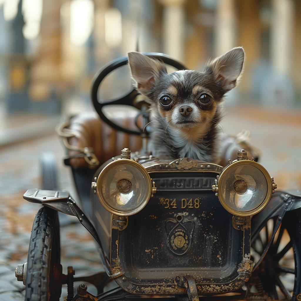 Chihuahua in vintage car with determined gaze.