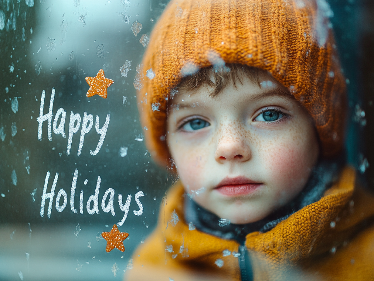 Child's Handwritten 'Happy Holidays' on Winter Window