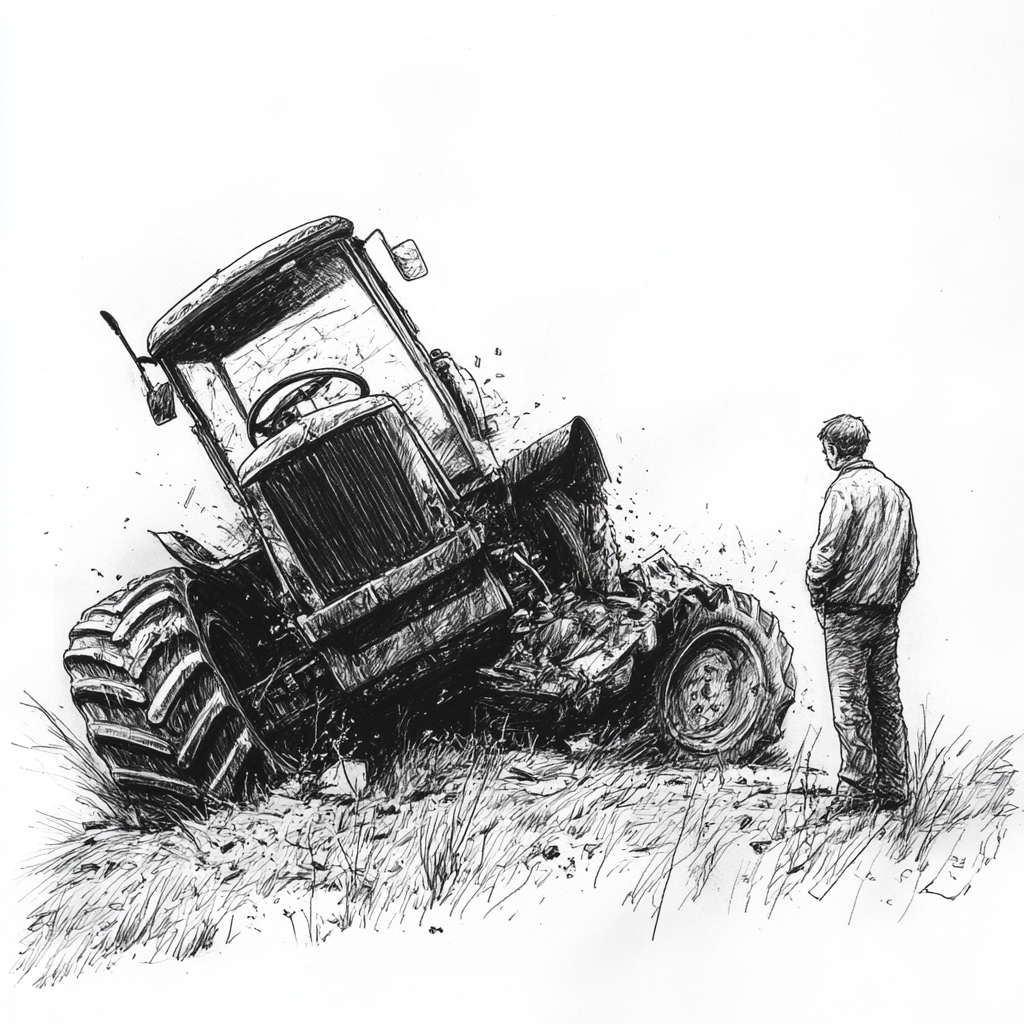 Child's black and white drawing: Old tractor overturned, wheel driving away, farmer and modern farmer.