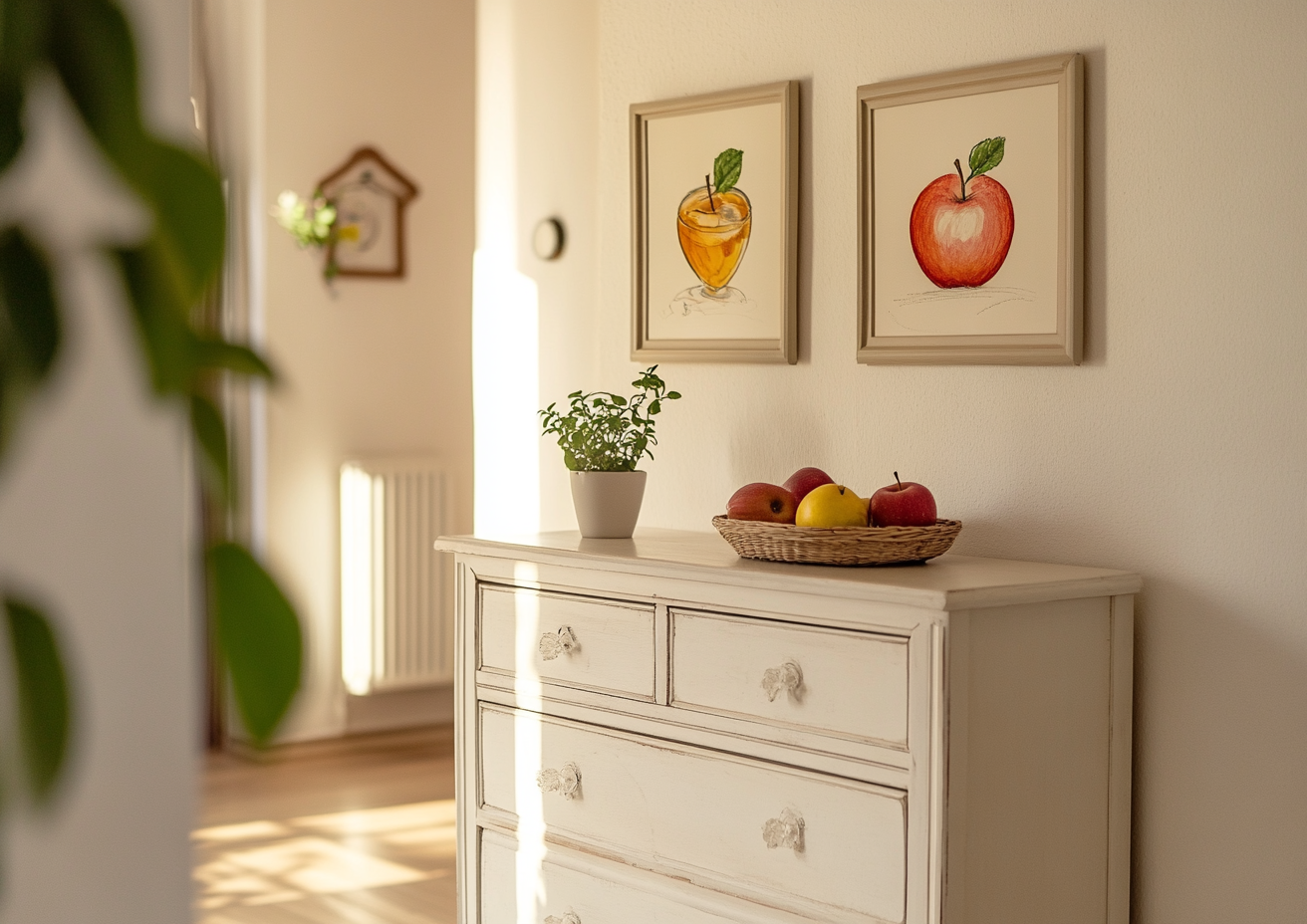 Child's drawing of apples and honey above white dresser.