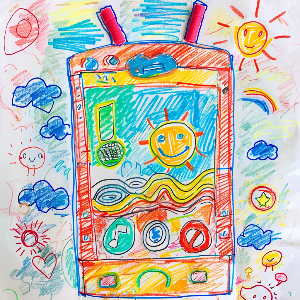 Child's drawing of smartphone with antenna, Japanese pattern.