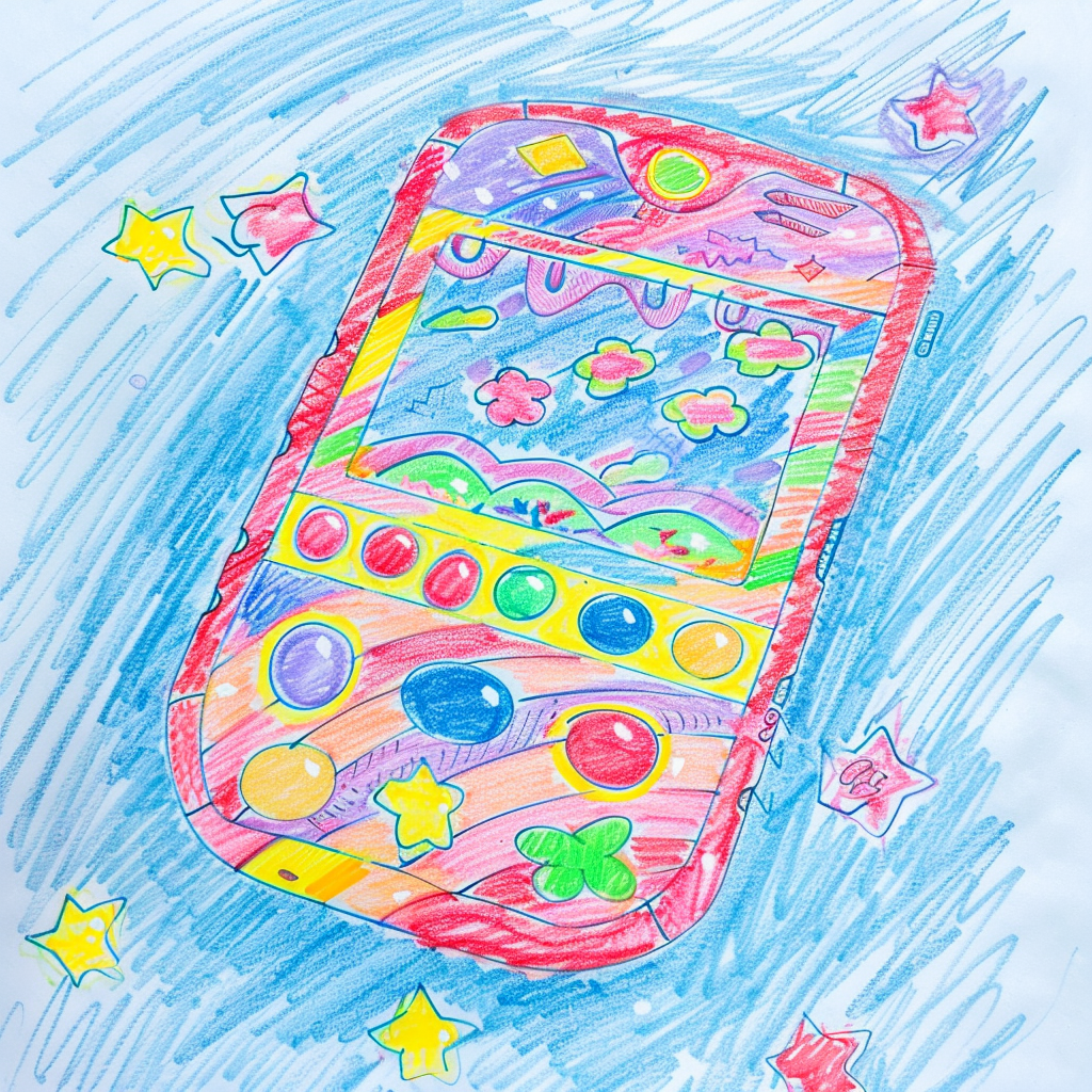 Child's drawing of smartphone with colorful buttons, Japanese pattern.