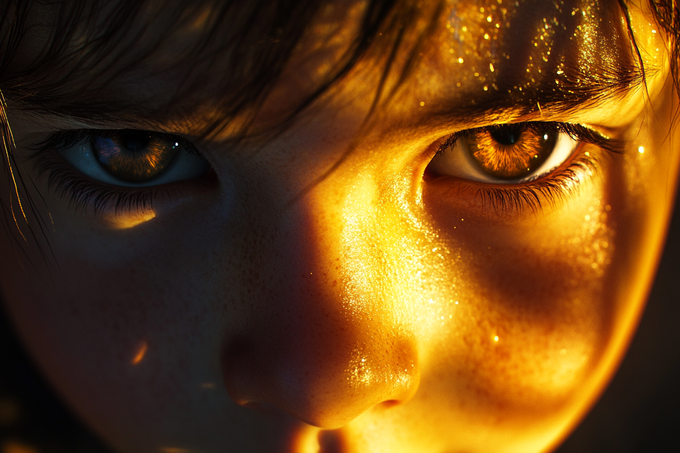 Child's face glowing with golden light, shadows retreat, cinematic lighting.