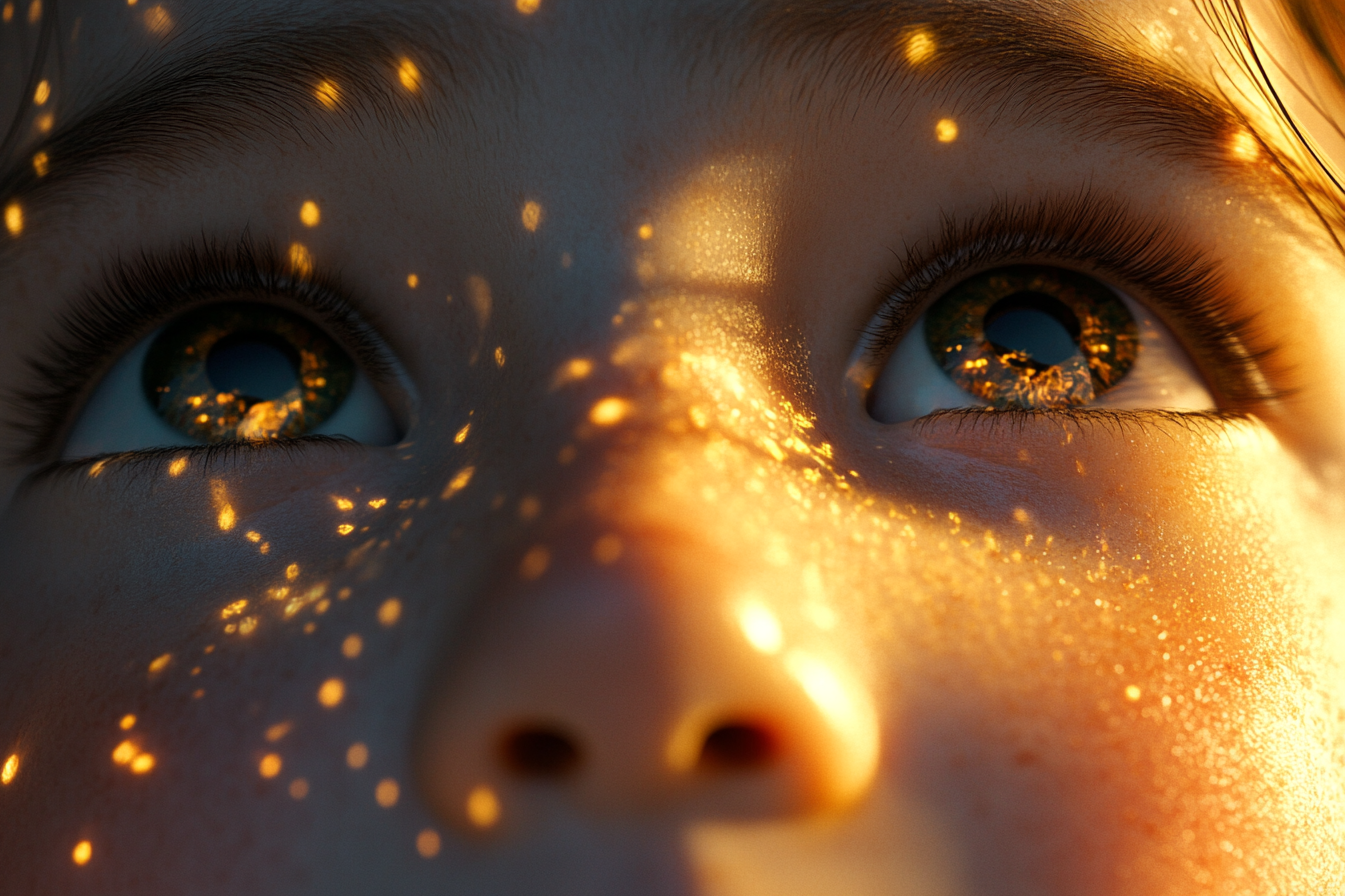 Child's face glowing with golden light, shadows retreat.