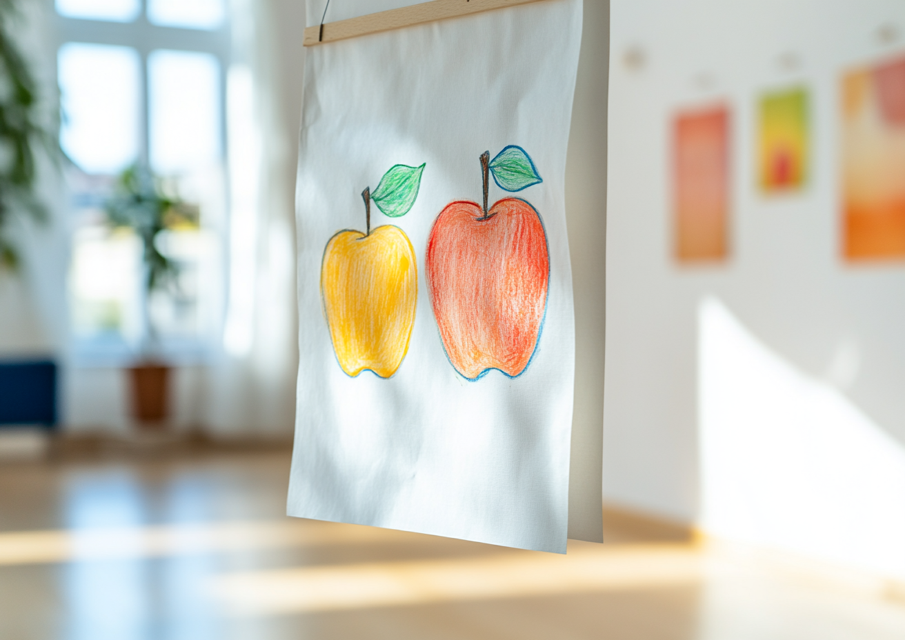 Child's painting on wall with apples and honey theme.