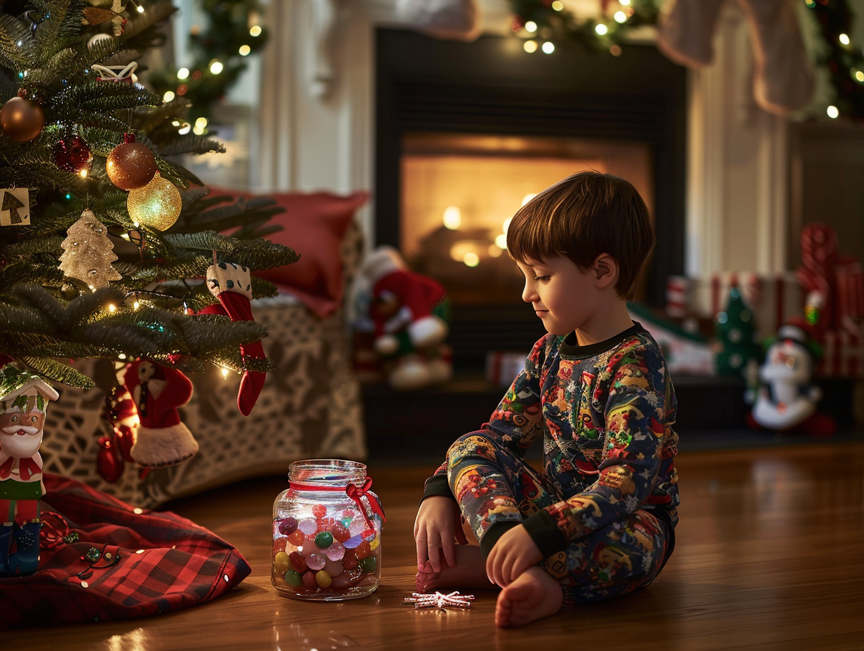 Child Opens Christmas Gift by Cozy Fireplace