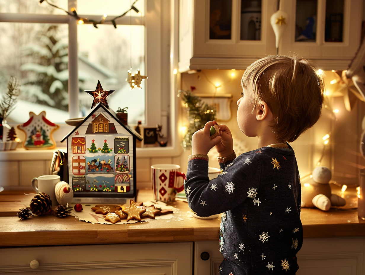 Child Revealing Chocolate Star from Advent Calendar