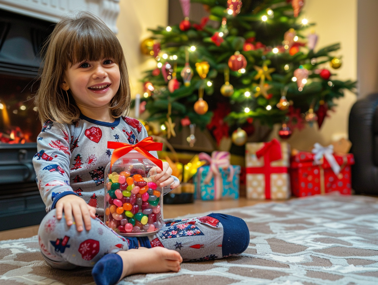 Child Unwrapping Christmas Gift by Cozy Fireplace