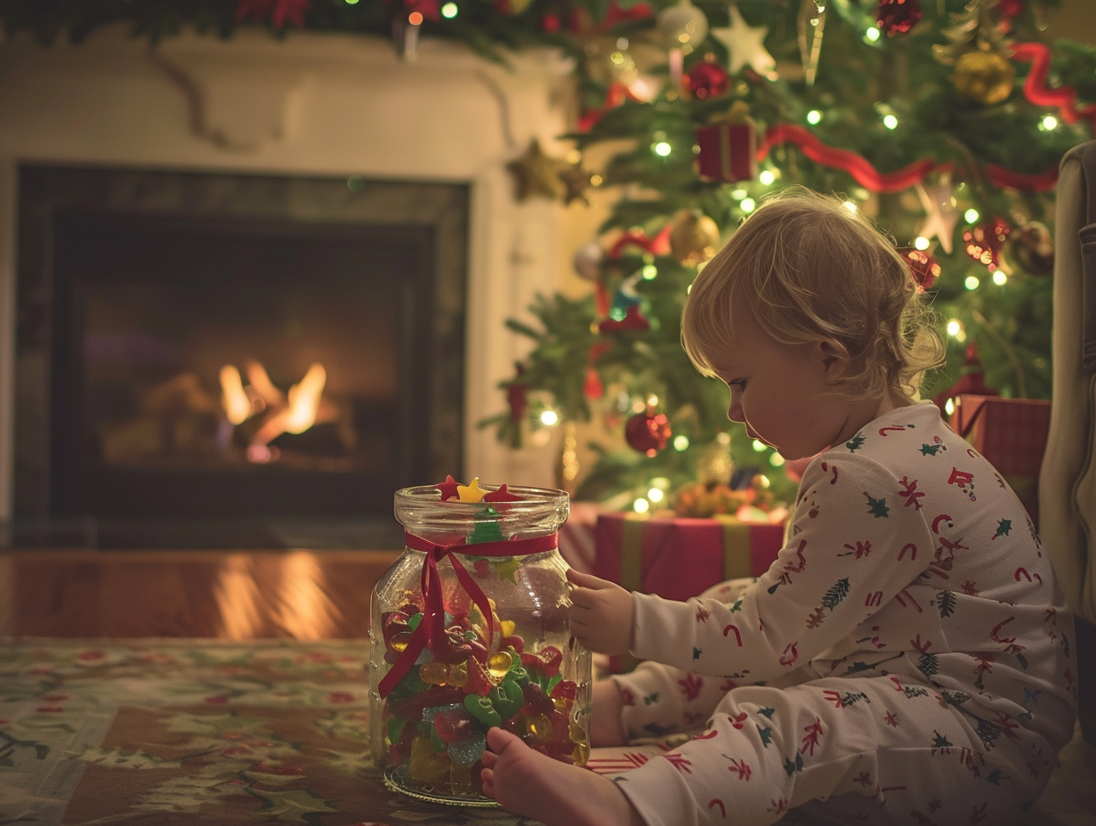 Child Unwraps Candy Jar by Decorated Christmas Tree