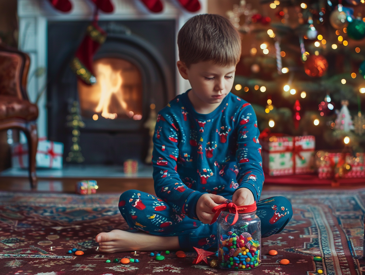 Child Unwraps Christmas Gift Beside Polish Decorated Tree